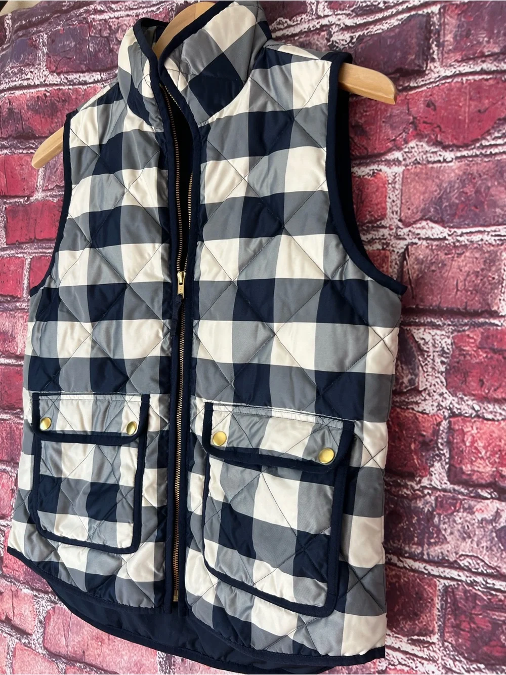 J.Crew Excursion Quilted Down Vest Navy Cream Buffalo Plaid